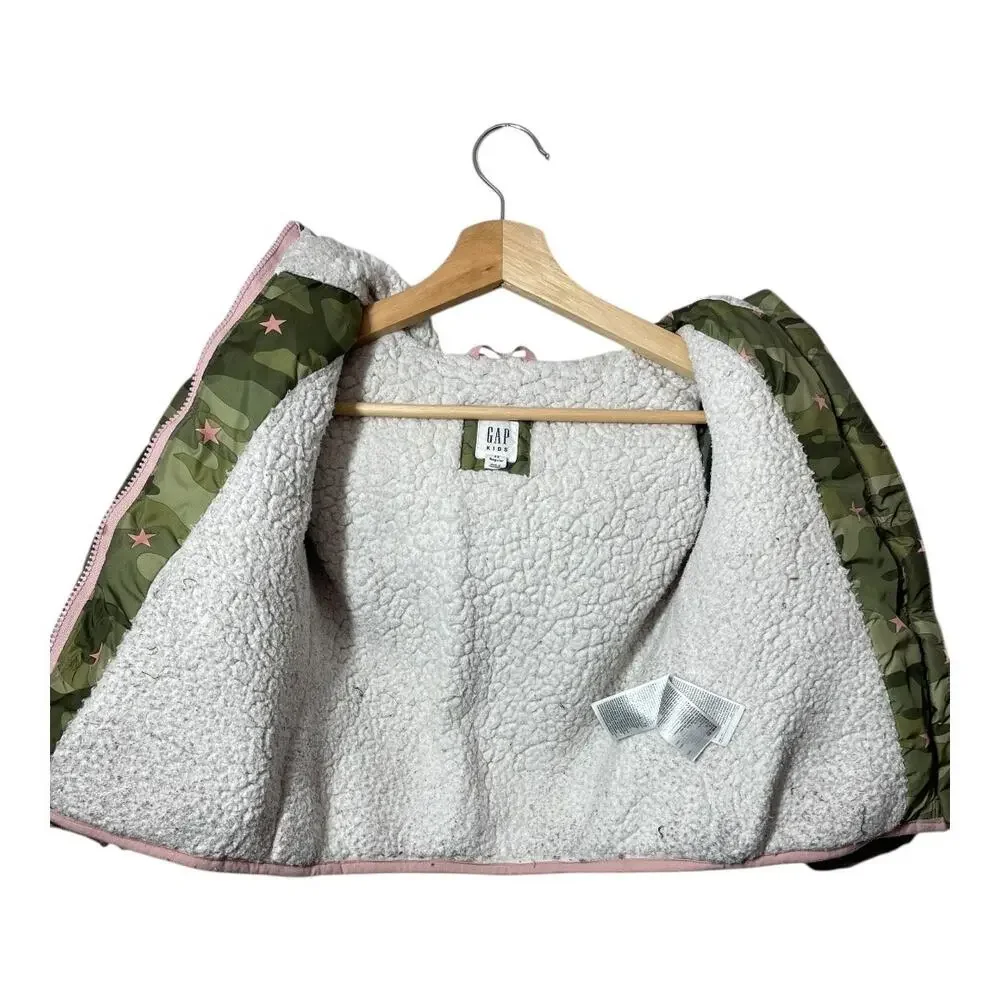 GAP Kids Camo Girls Puffer Jacket Coat Size XS Hood Pink Star Green